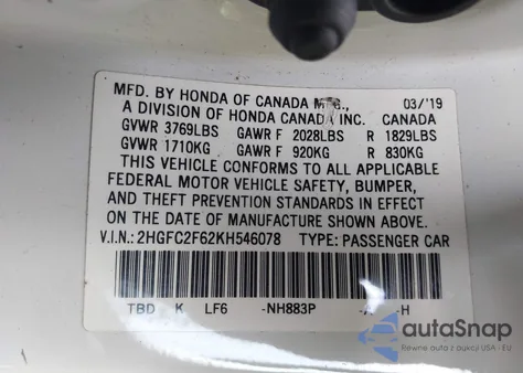 2019 Honda Civic Lx из США, поврежденный, VIN 2HGFC2F62KH546078